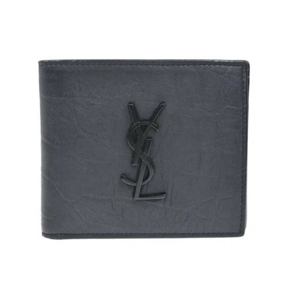 SAINT LAURENT YSL Logo Bifold Compact Wallet Embossing Leather BK Italy 84RL530 - Picture 2 of 13
